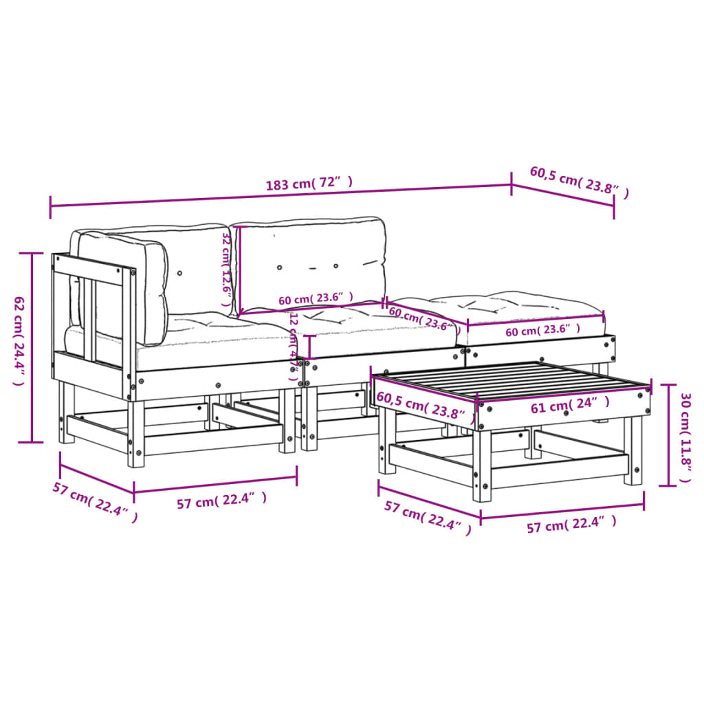Juego de muebles de jardín 4 piezas y cojines madera maciza