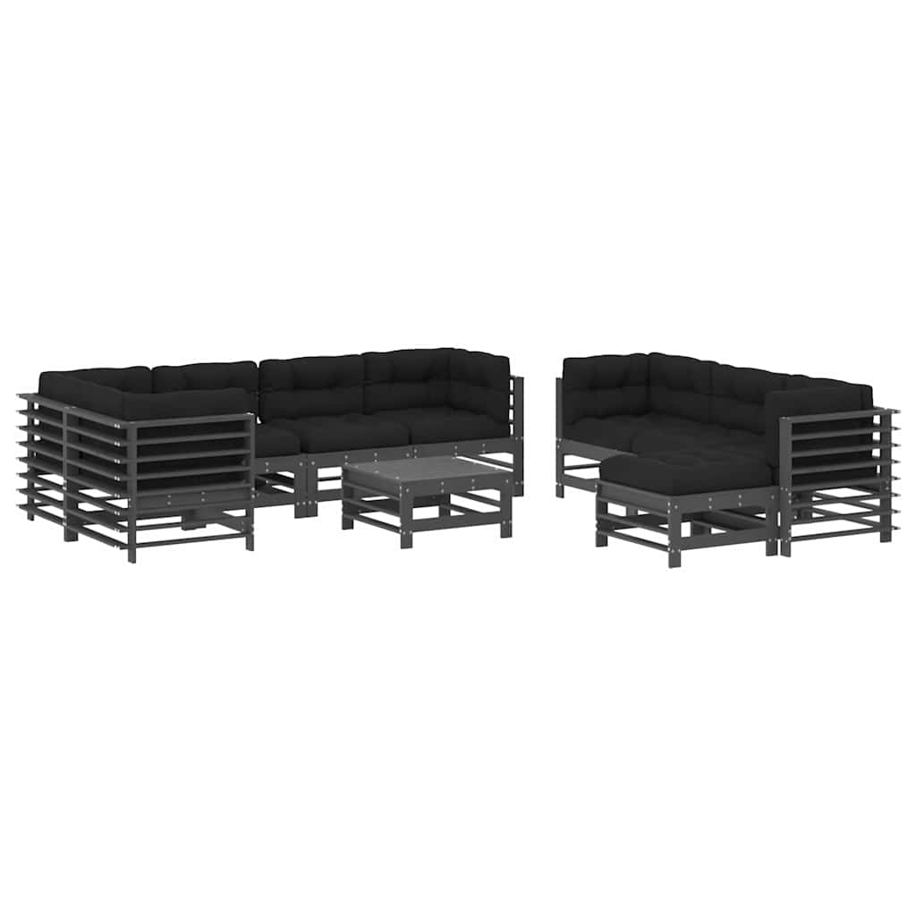 Juego de muebles de jardín 10 pzas y cojines madera maciza gris