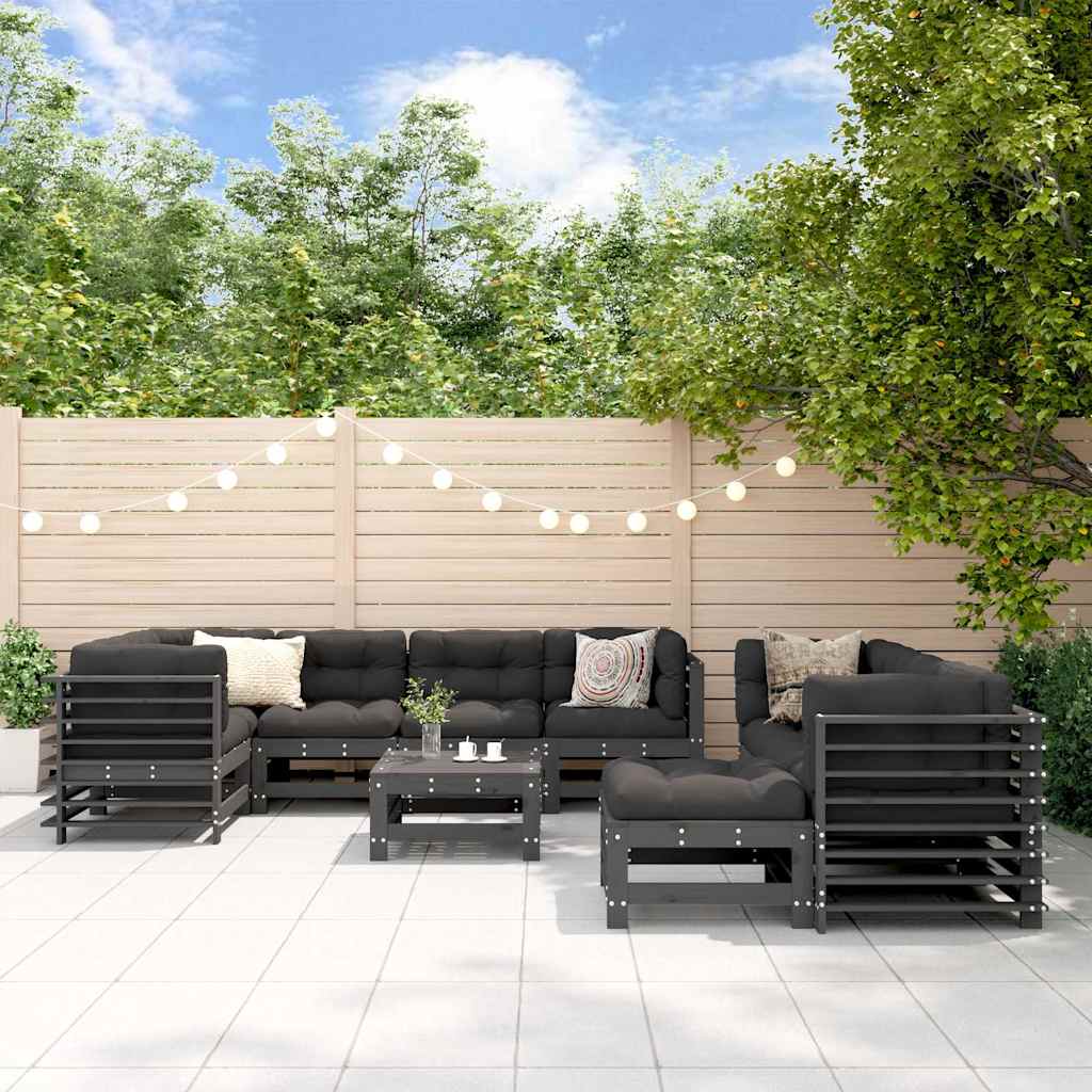 Juego de muebles de jardín 10 pzas y cojines madera maciza gris