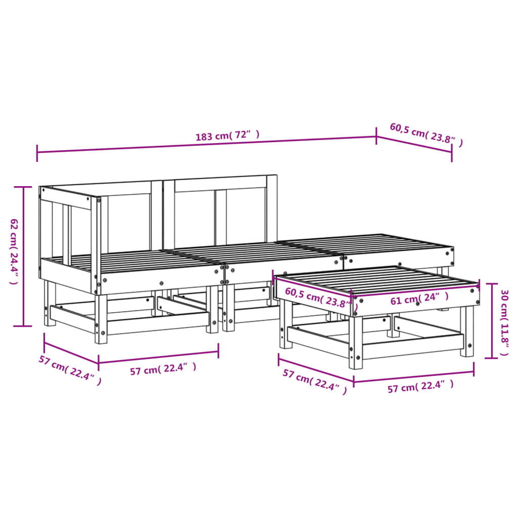 Juego de muebles de jardín 4 piezas madera maciza de pino