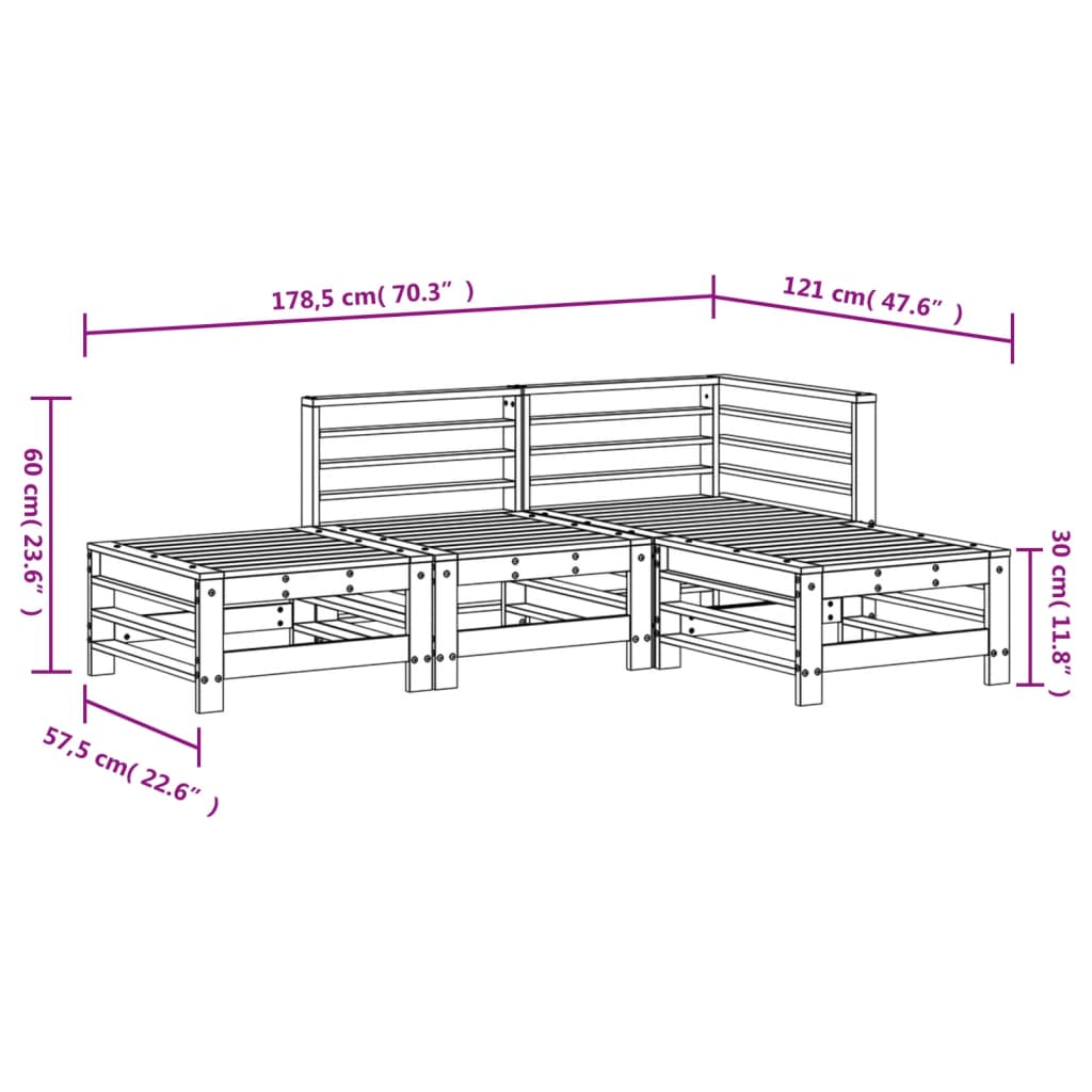 Juego de muebles de jardín 4 pzas madera maciza de pino gris