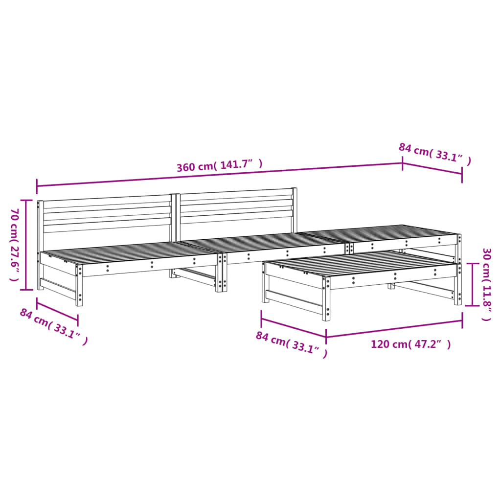 Juego de muebles de jardín 4 pzas madera maciza de pino negro