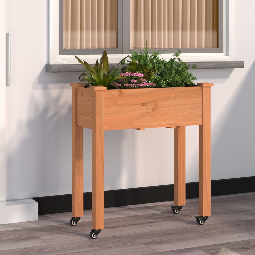 Fir wood planter with liner and wheels brown 118x59x80 cm