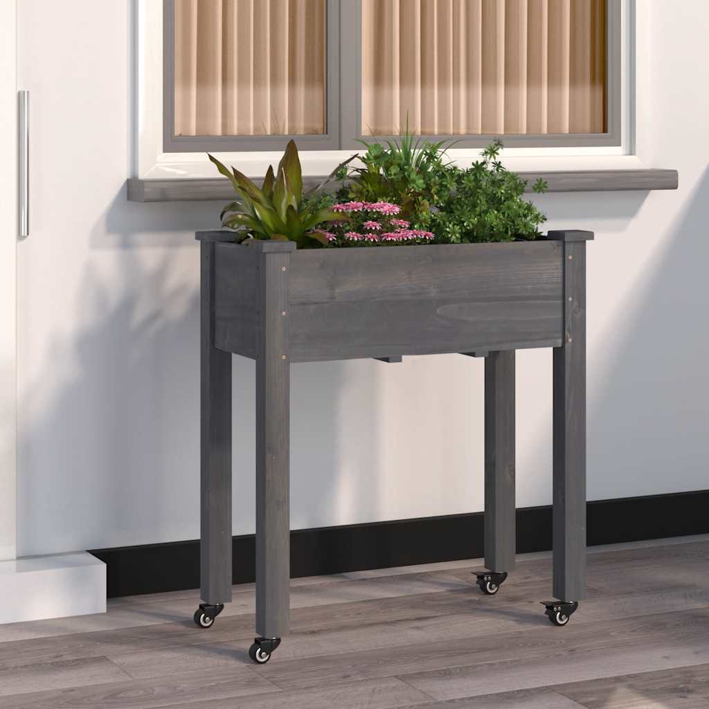 Fir wood planter with liner and wheels brown 118x59x80 cm