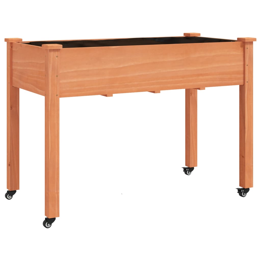 Jardinera con forro y ruedas madera abeto marrón 118x59x80 cm