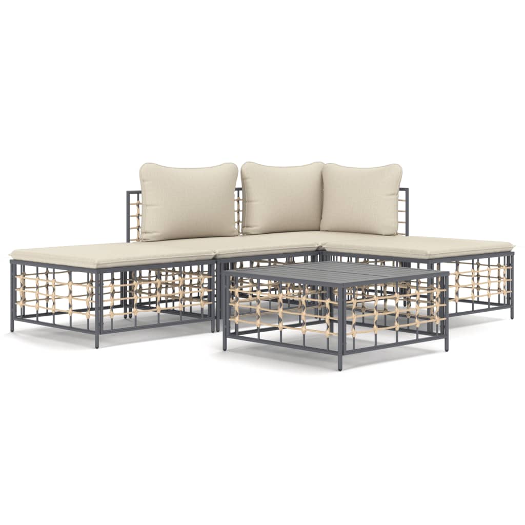 Juego de muebles de jardín 5 pzas cojines antracita ratán PE