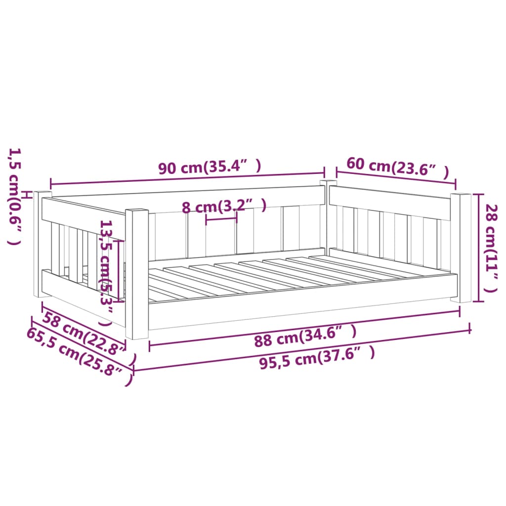 Cama para perros madera maciza de pino blanco 95,5x65,5x28 cm