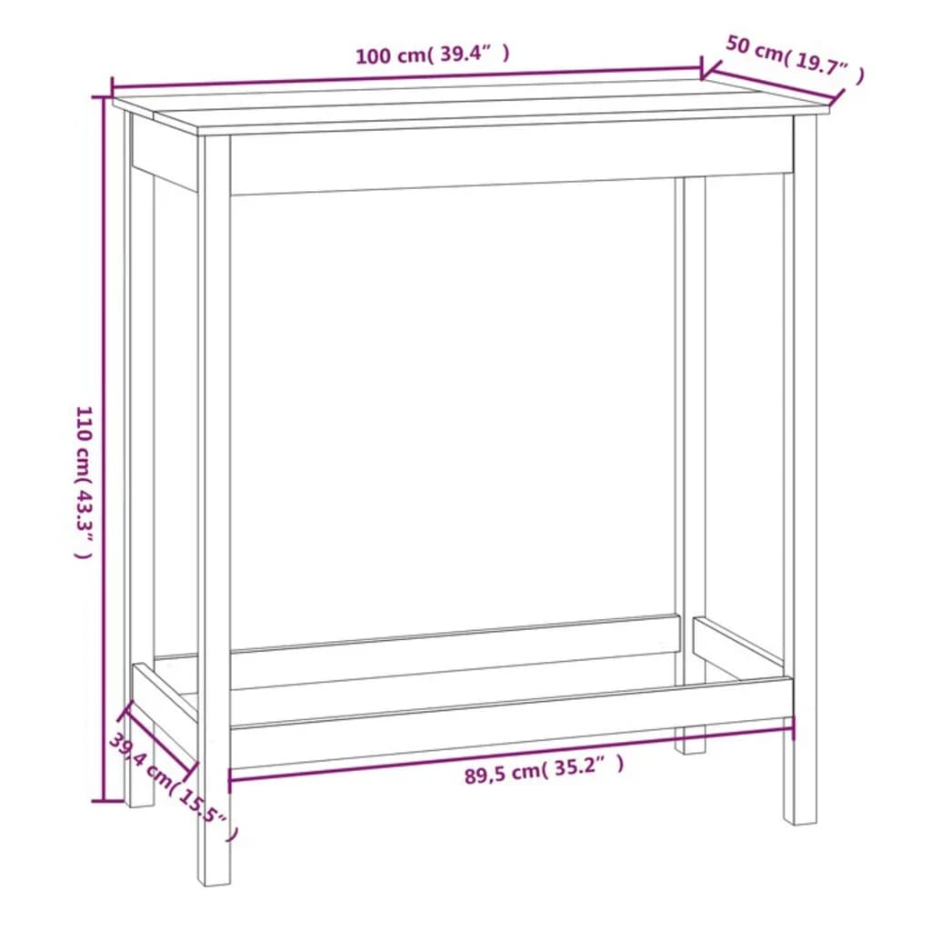 Mesa alta de bar madera maciza de pino 100x50x110 cm