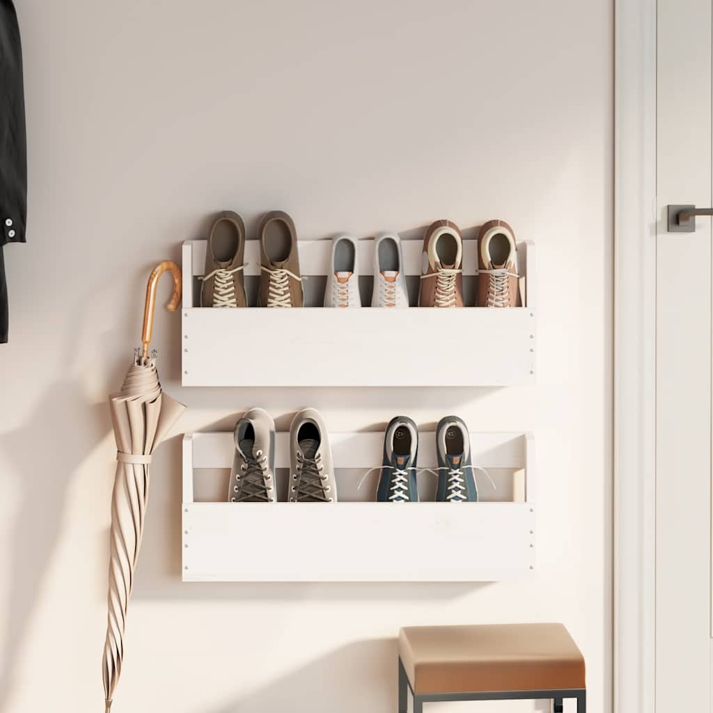 Estantes de zapatos de pared 2 uds madera pino blanco 59x9x23cm