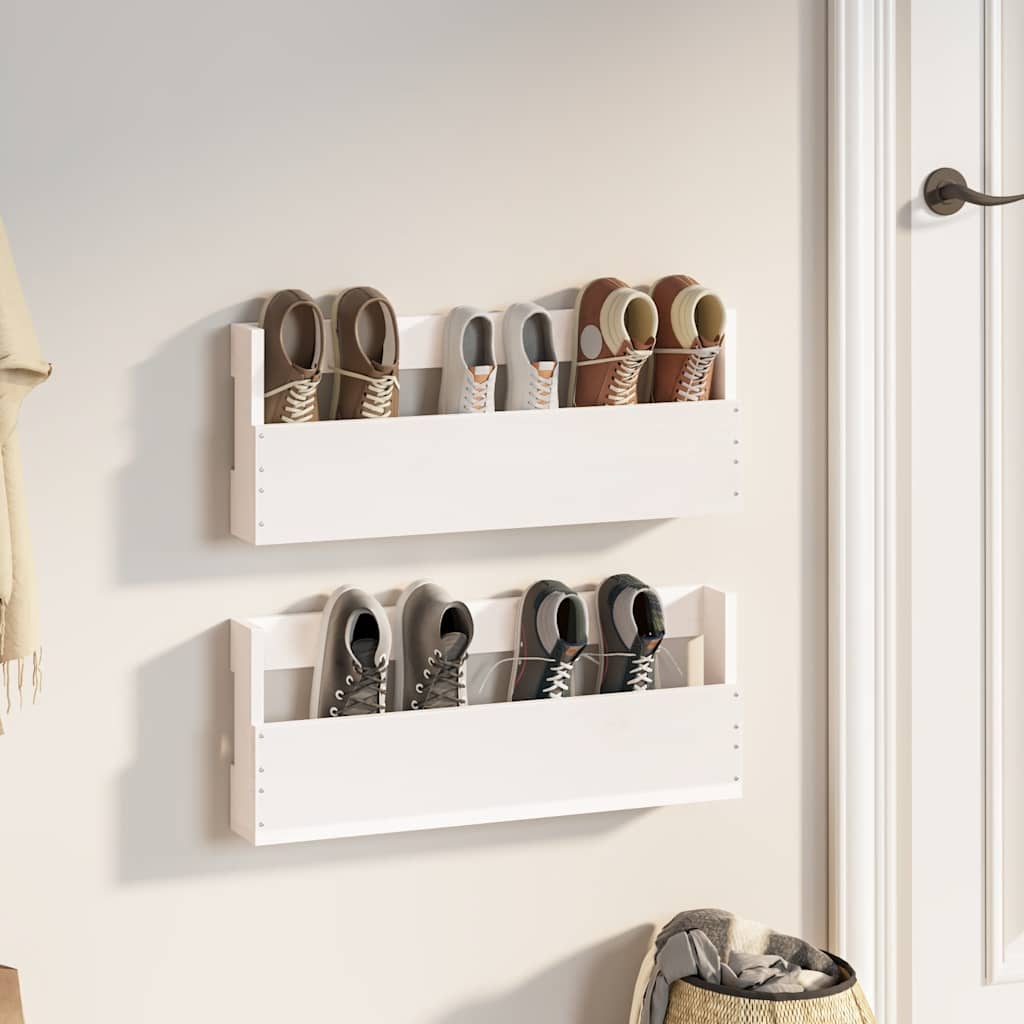 Estantes de zapatos de pared 2 uds madera pino blanco 59x9x23cm
