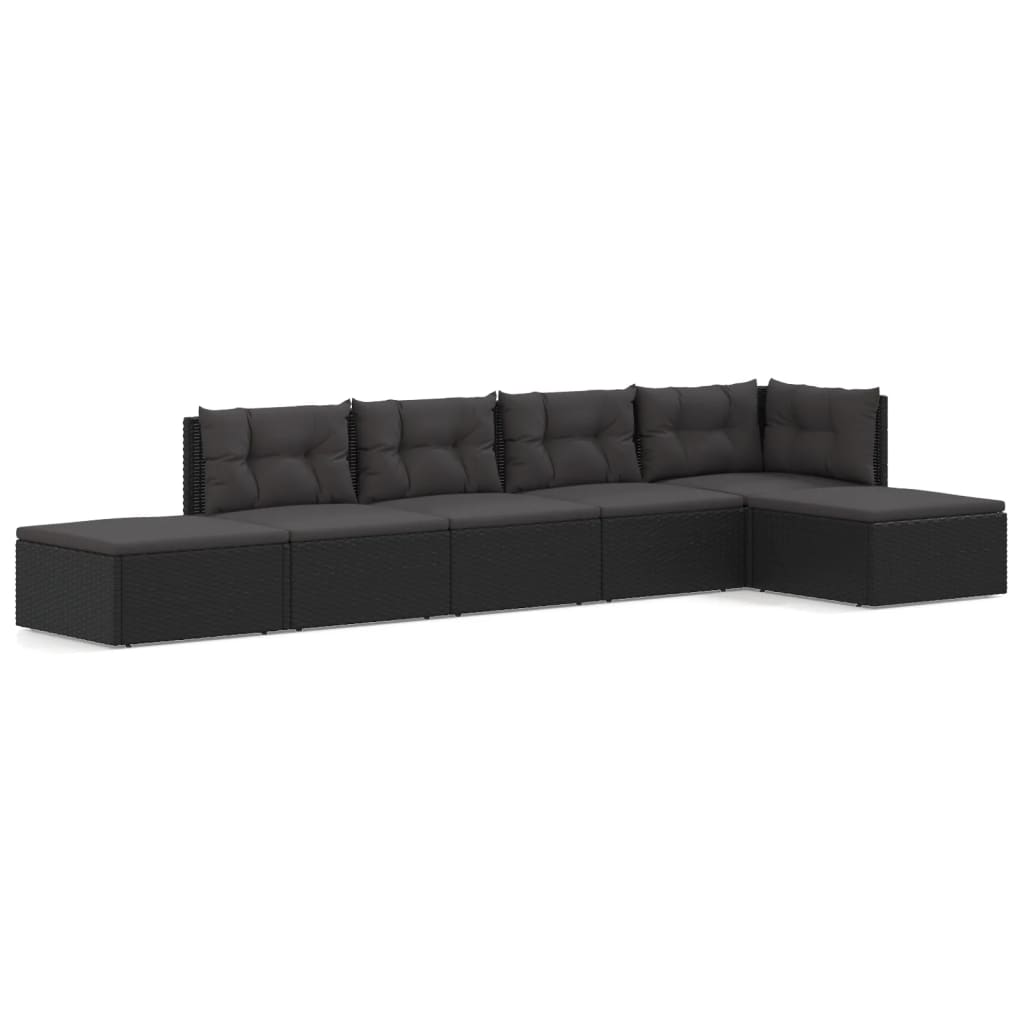 Set muebles de jardín 6 piezas y cojines ratán sintético negro