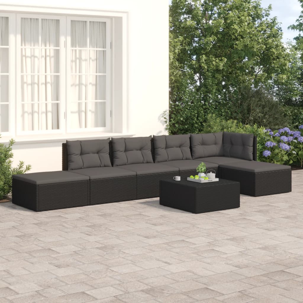 Conjunto de mobiliário de jardim 6 peças e almofadas rotim sintético preto