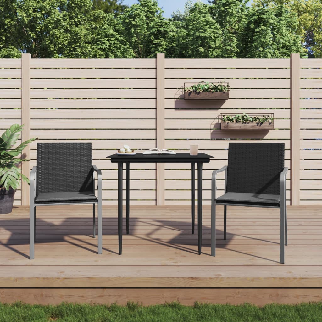 Conjunto de refeição de jardim 3 peças com almofadas em vime sintético e aço