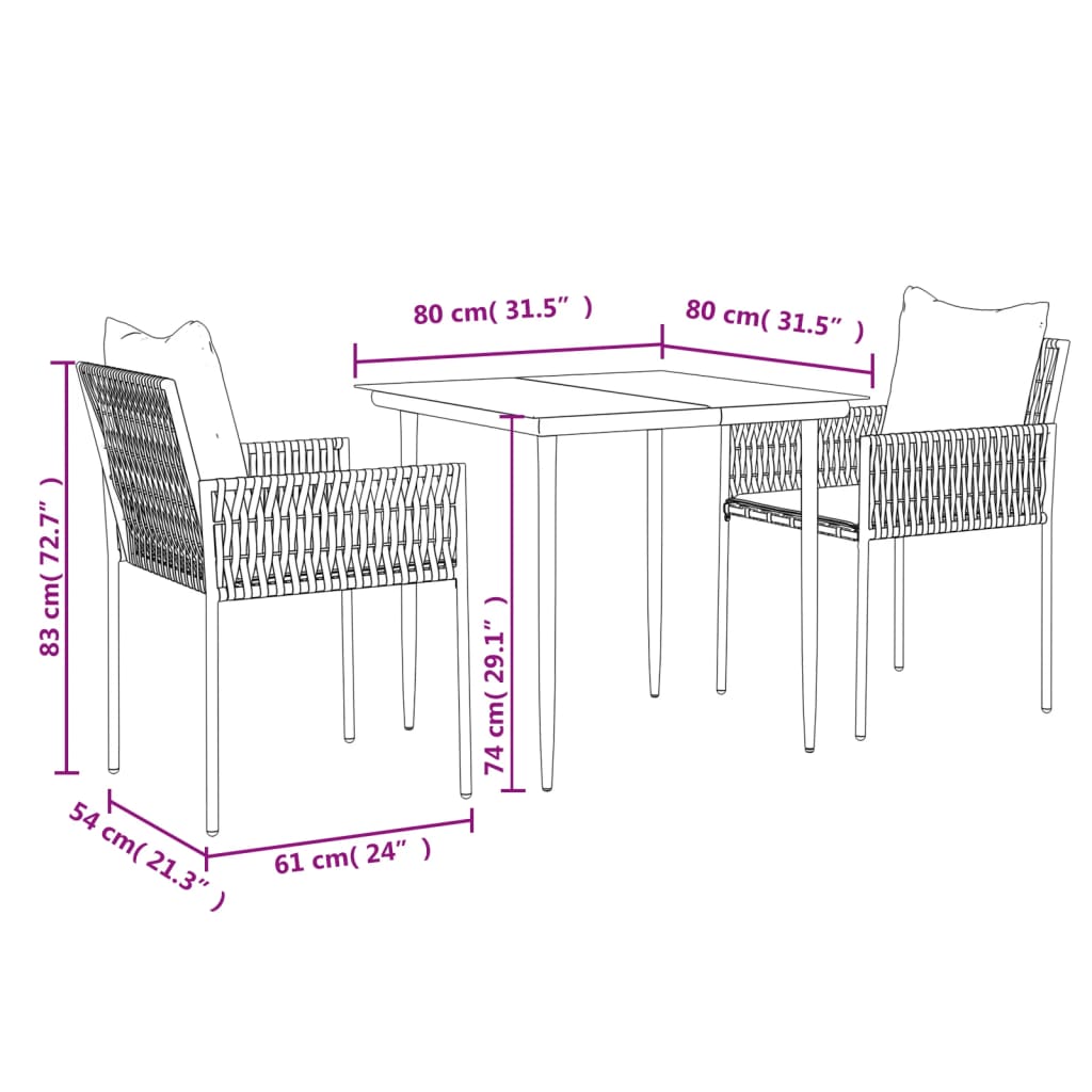 Juego comedor jardín 3 piezas y cojines ratán sintético y acero