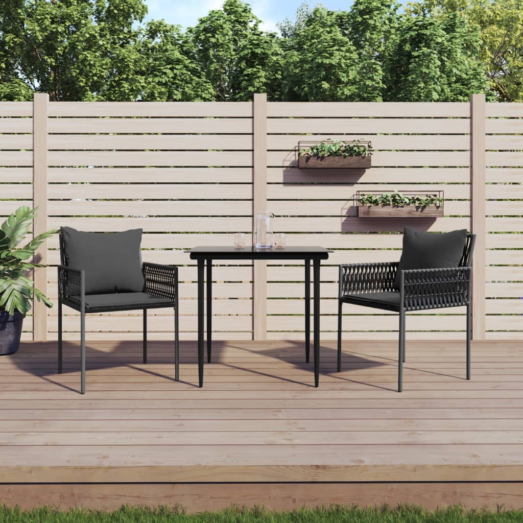 Conjunto de refeição de jardim 3 peças com almofadas em vime sintético e aço