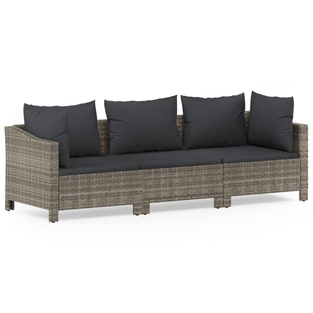 Set de muebles de jardín 3 pzas y cojines ratán sintético gris