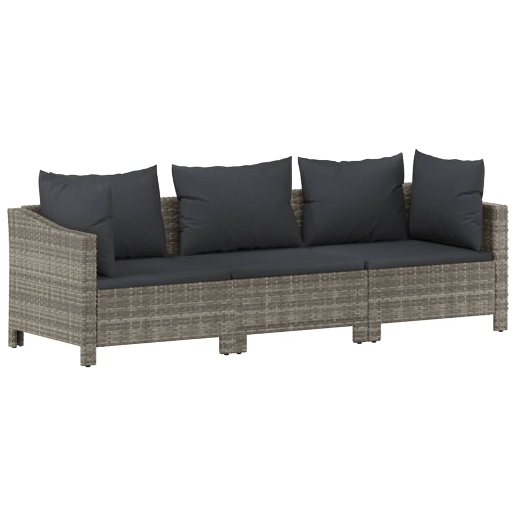 Set de muebles de jardín 3 pzas y cojines ratán sintético gris