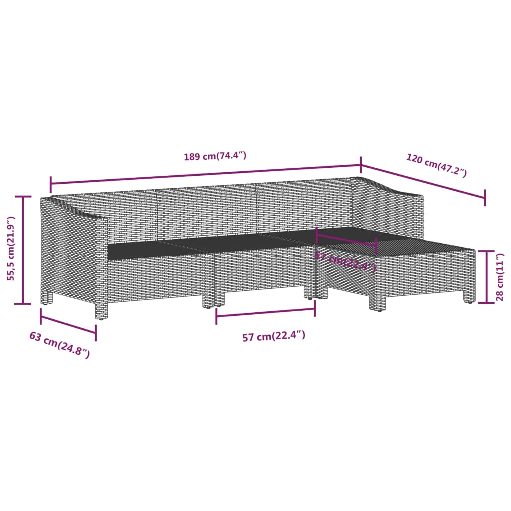 Set de muebles de jardín 4 pzas y cojines ratán sintético gris
