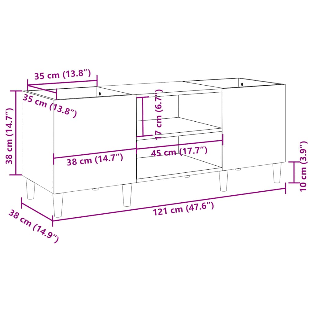 Mueble de discos madera contrachapada roble marrón 121x38x48 cm