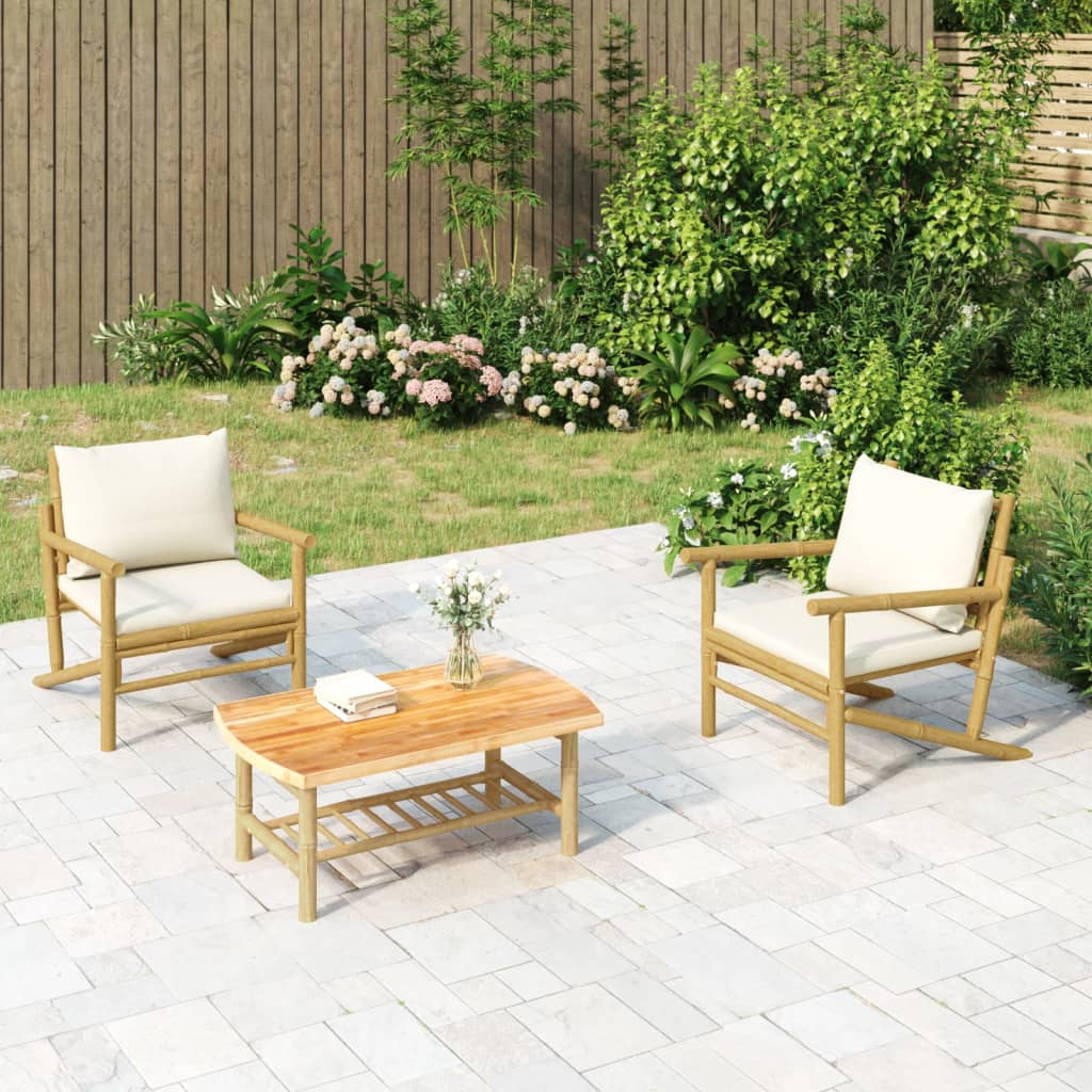 Sillas de jardín 2 uds bambú con cojines blanco crema