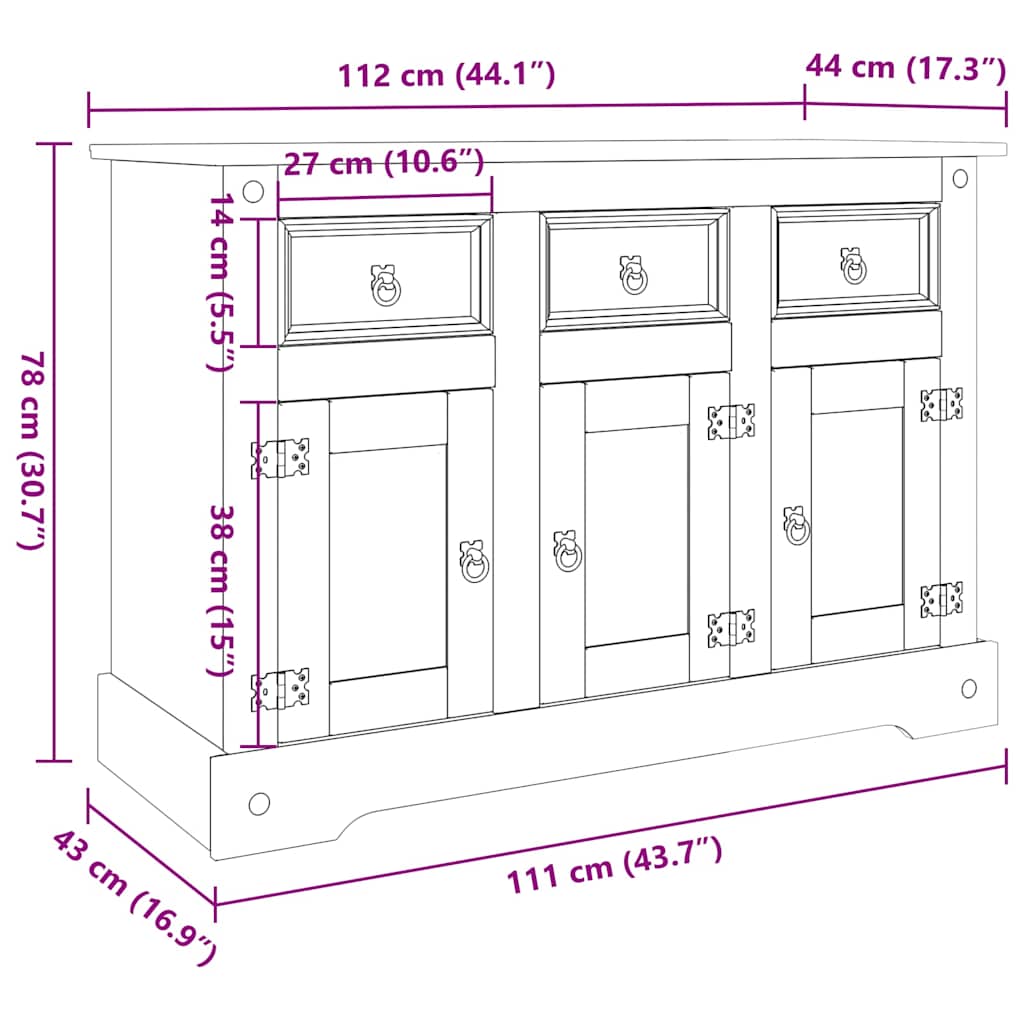 Aparador "Corona" marrón 112x44x78 cm madera maciza de pino mexicano