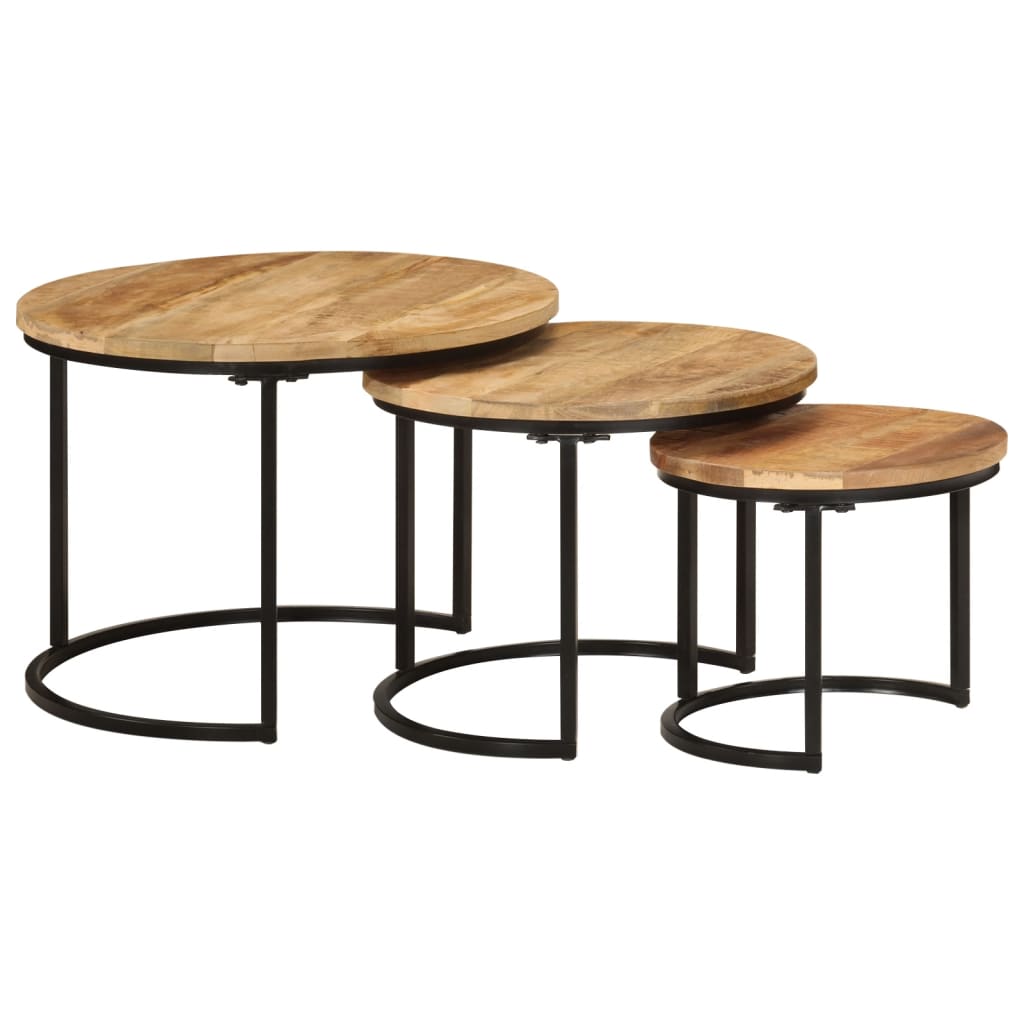 Mesas apilables 3 piezas madera maciza de mango rugosa