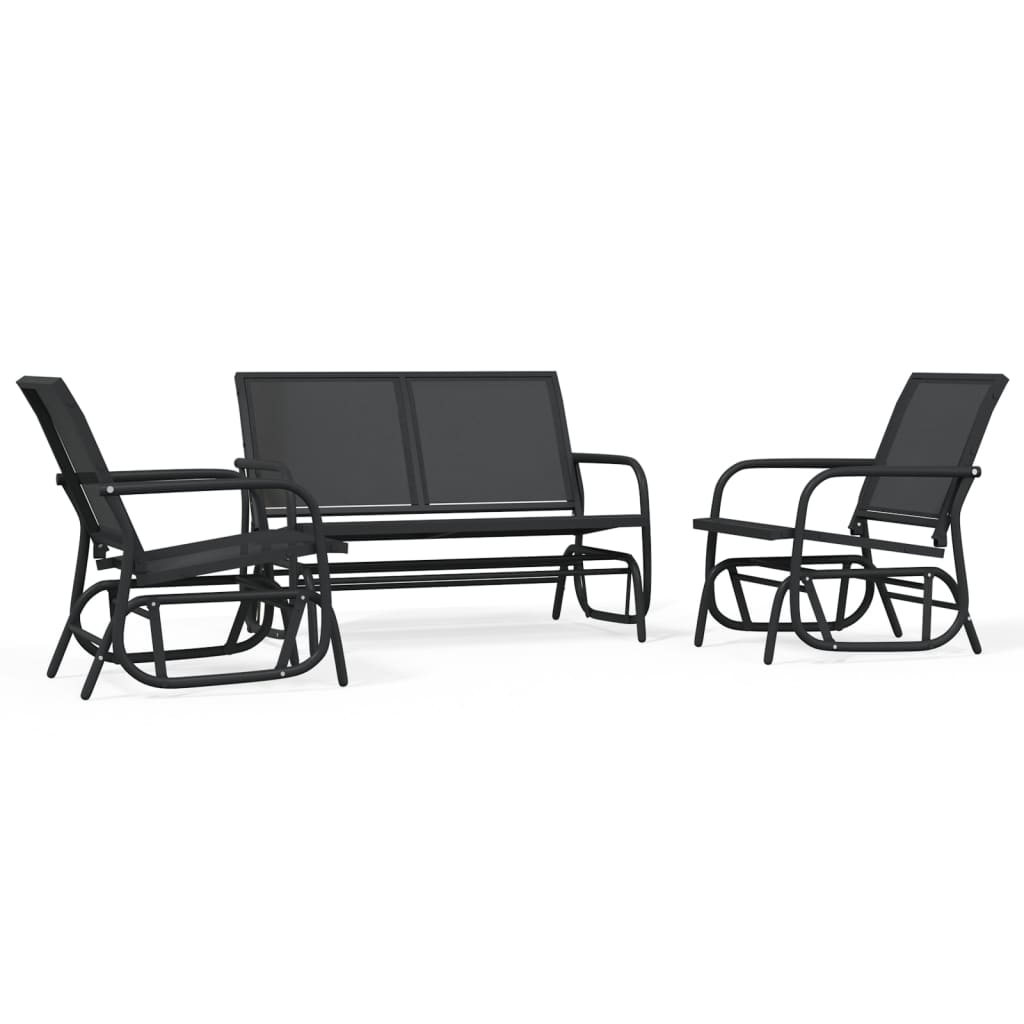 Set de muebles con mecedoras jardín 3 pzs acero textilene negro
