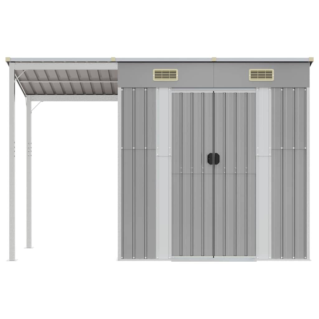 Caseta de jardín con techo extensible, gris claro, 277 x 107 x 181 cm, acero