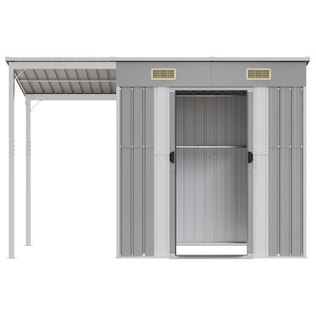 Caseta de jardín con techo extensible, gris claro, 277 x 107 x 181 cm, acero