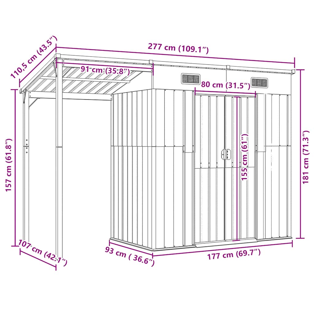 Caseta de jardín con techo extensible, gris claro, 277 x 107 x 181 cm, acero
