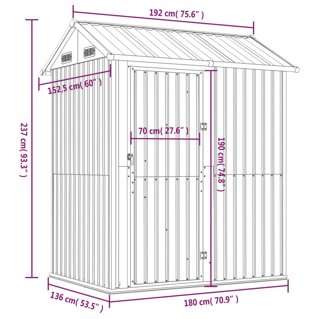 Caseta de jardín antracita 192x152,5x237 cm acero galvanizado