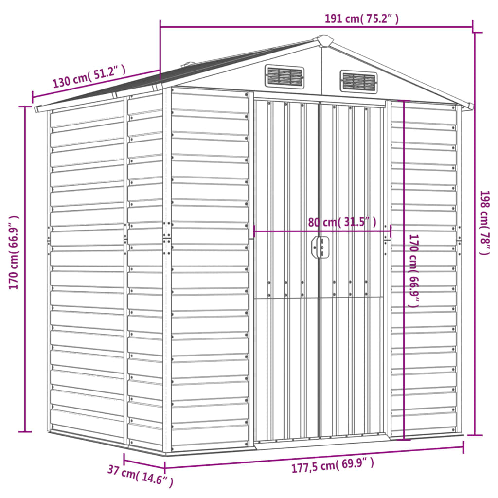 Caseta de jardín acero galvanizado marrón claro 191x130x198 cm