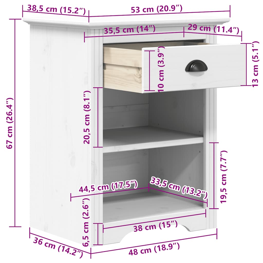 Mesita de noche BODO madera maciza de pino blanco 53x38,5x67 cm