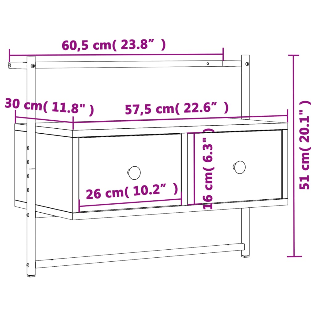 Mueble de TV de pared madera ingeniería negro 60,5x30x51 cm