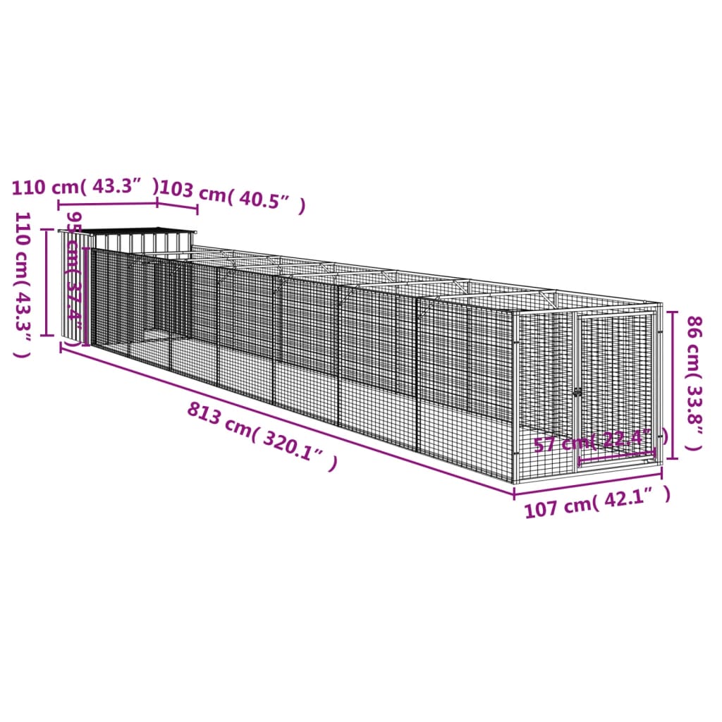 Caseta perros con corral acero galvanizado gris 110x813x110 cm