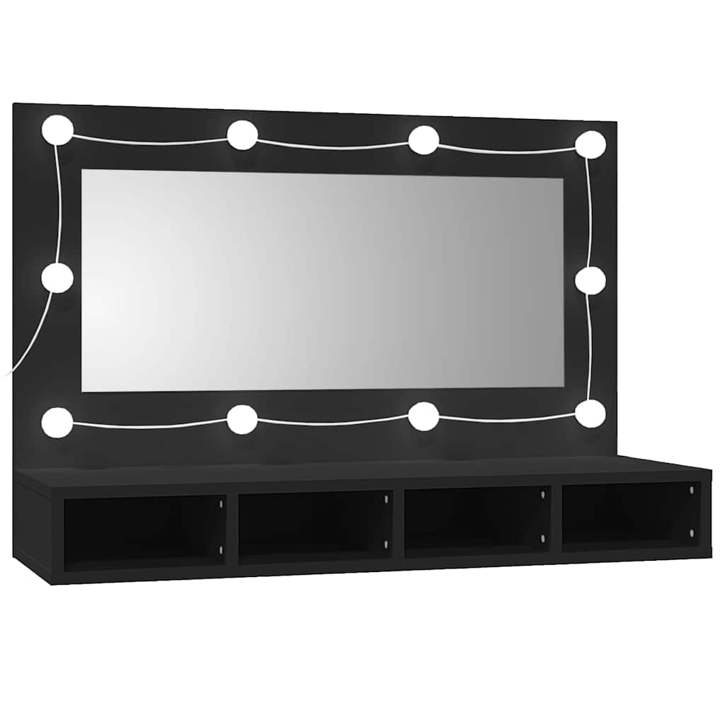 Móvel com espelho e LED preto 90x31,5x62 cm