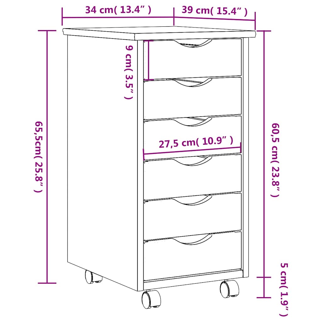 MOSS chest of drawers with casters, solid pine, white