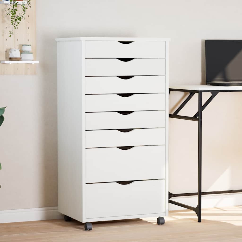 MOSS chest of drawers with casters, solid pine, white