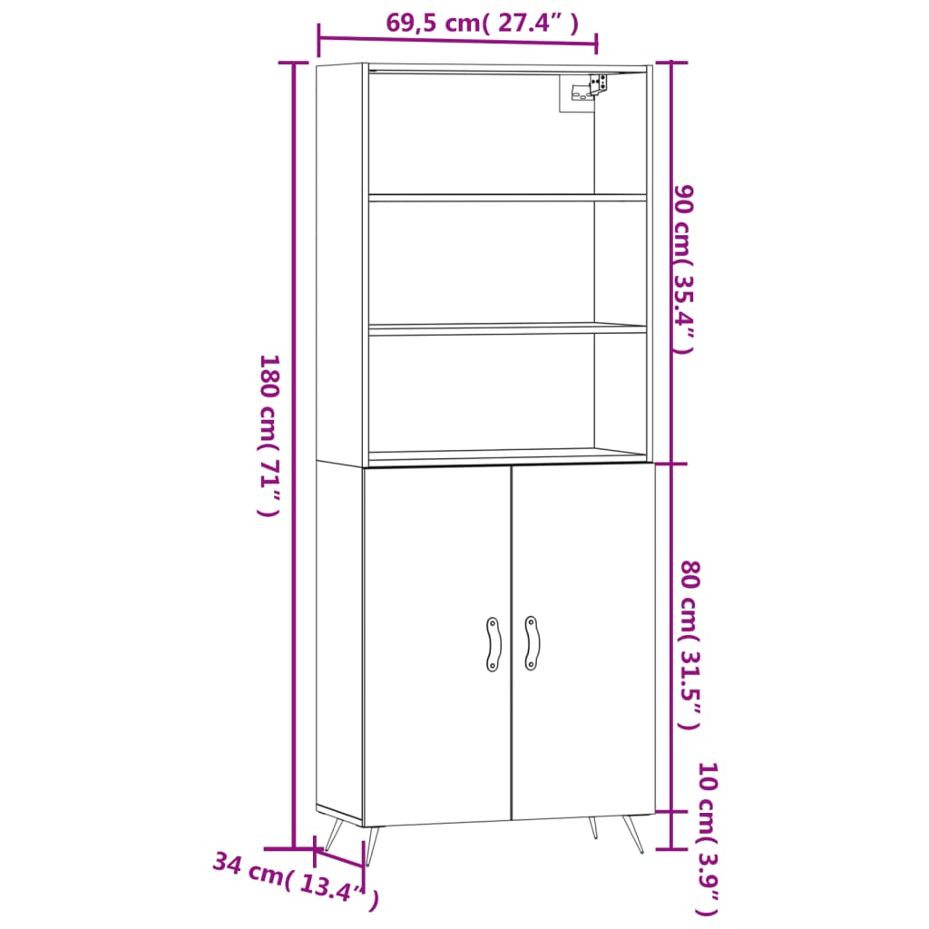 Aparador alto madera contrachapada gris sonoma 69,5x34x180 cm