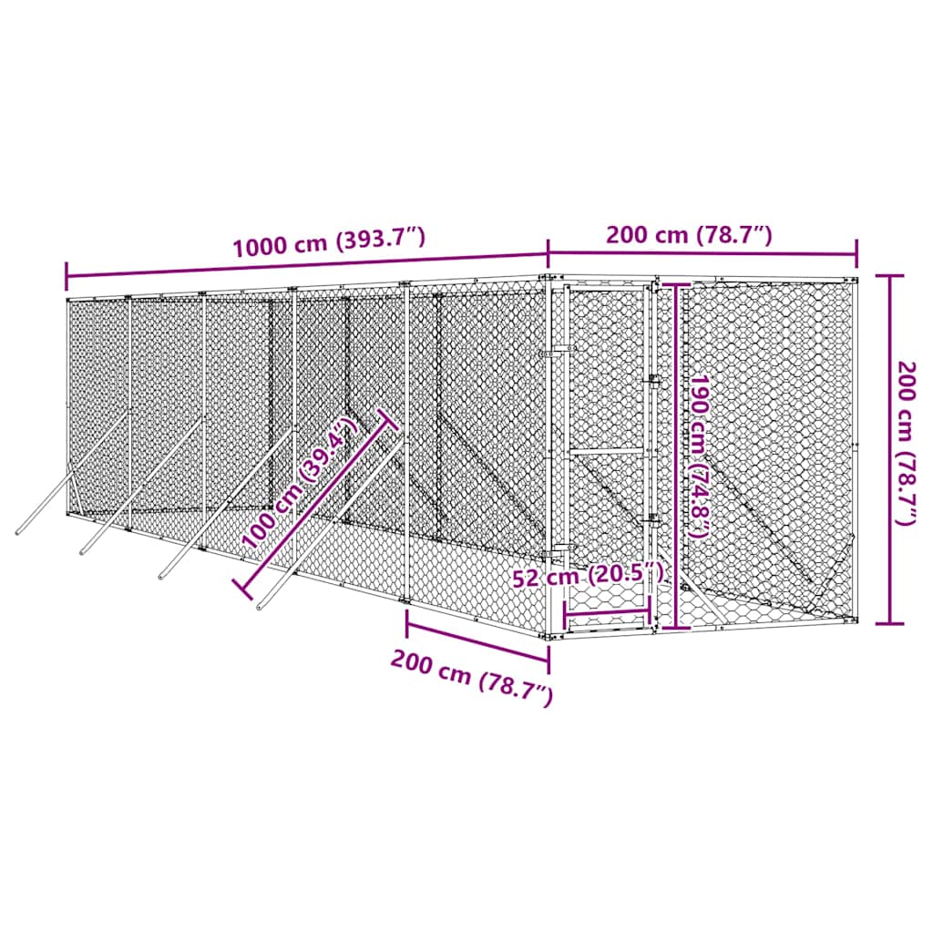 Perrera de exterior acero galvanizado plateado 2x10x2 m