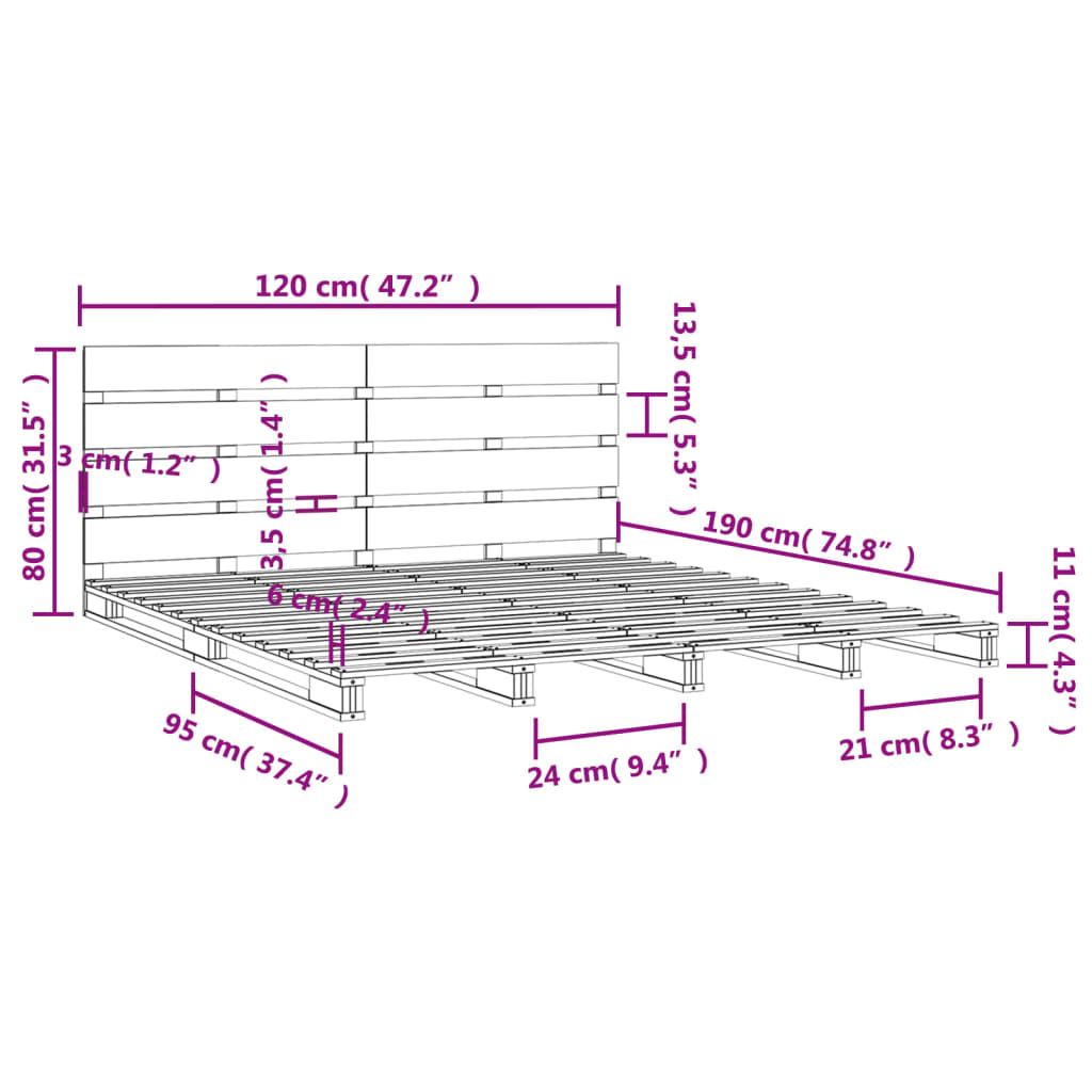 Estructura de cama madera maciza de pino blanco 120x190 cm