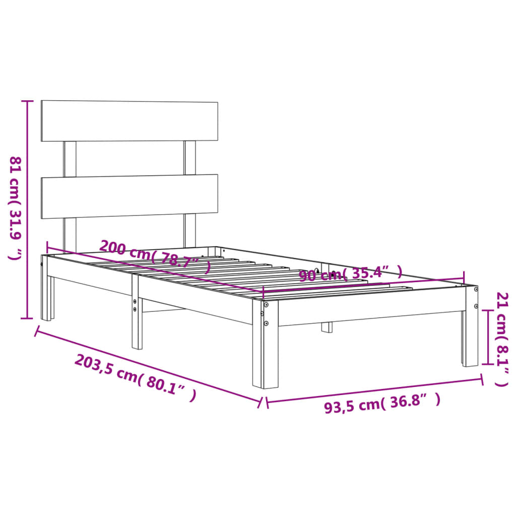 Estructura de cama sin colchón madera maciza de pino 90x200 cm