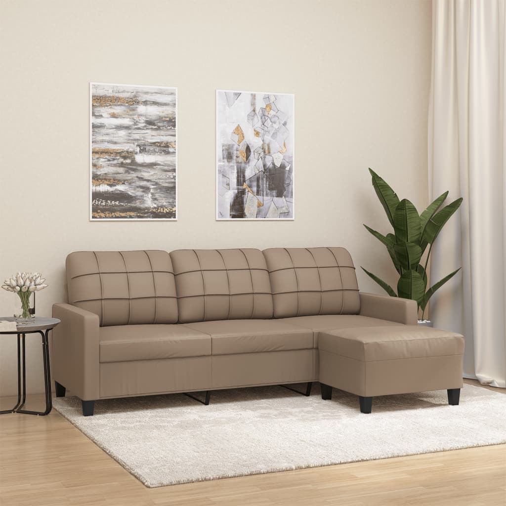 Sofá 3 plazas y taburete cuero sintético color capuchino 180 cm