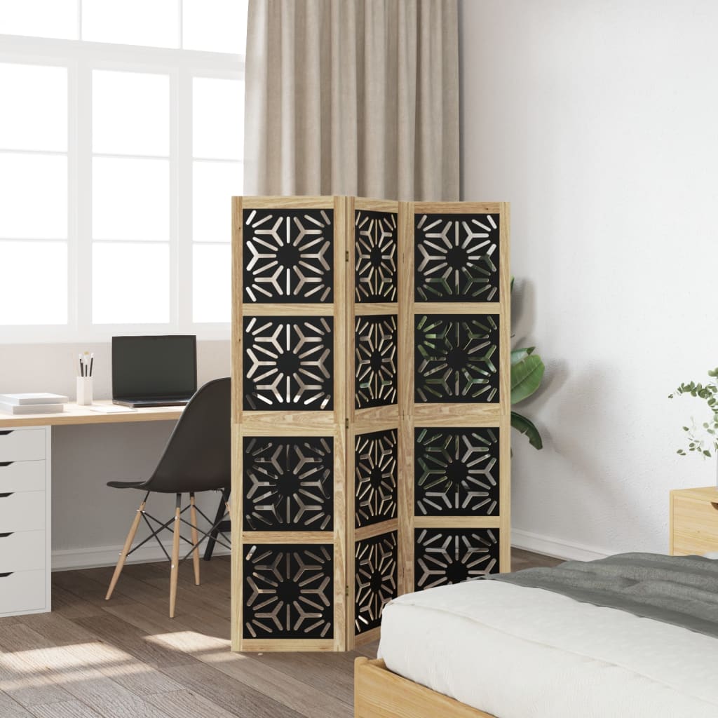 Biombo separador 3 paneles madera maciza Paulownia marrón negro