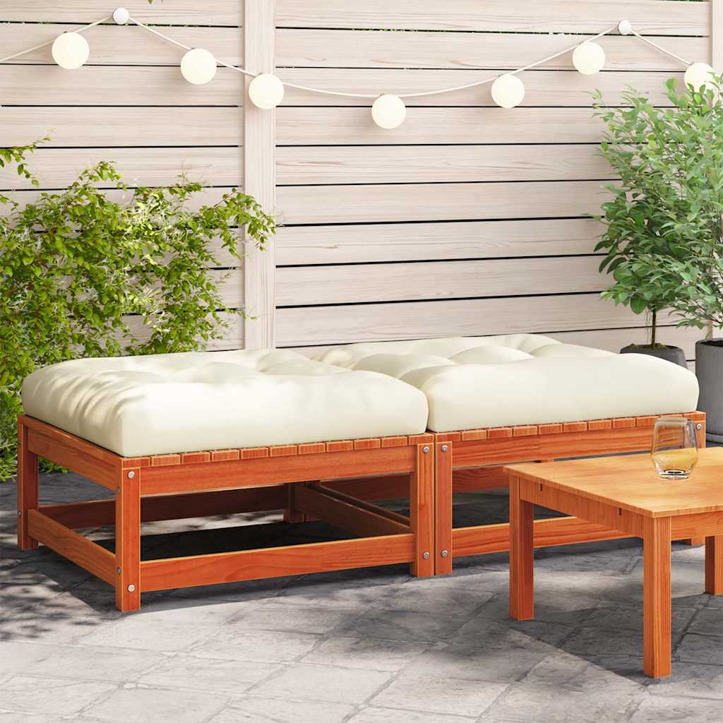 Reposapiés jardín cojines 2 uds madera maciza pino marrón cera