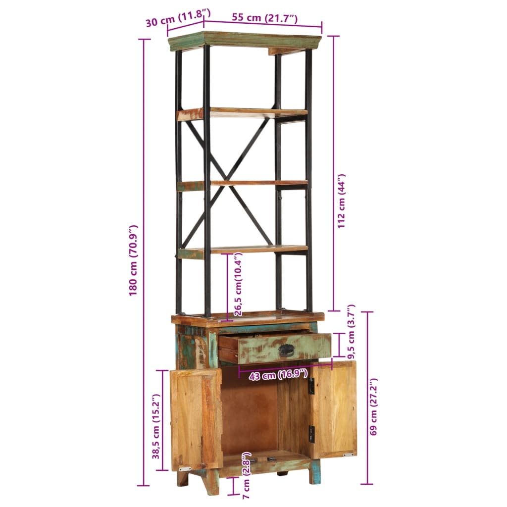 Aparador de madera maciza reciclada 55x30x180 cm