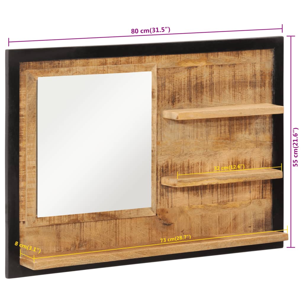 Espejo con estantes madera maciza de mango y vidrio 80x8x55 cm