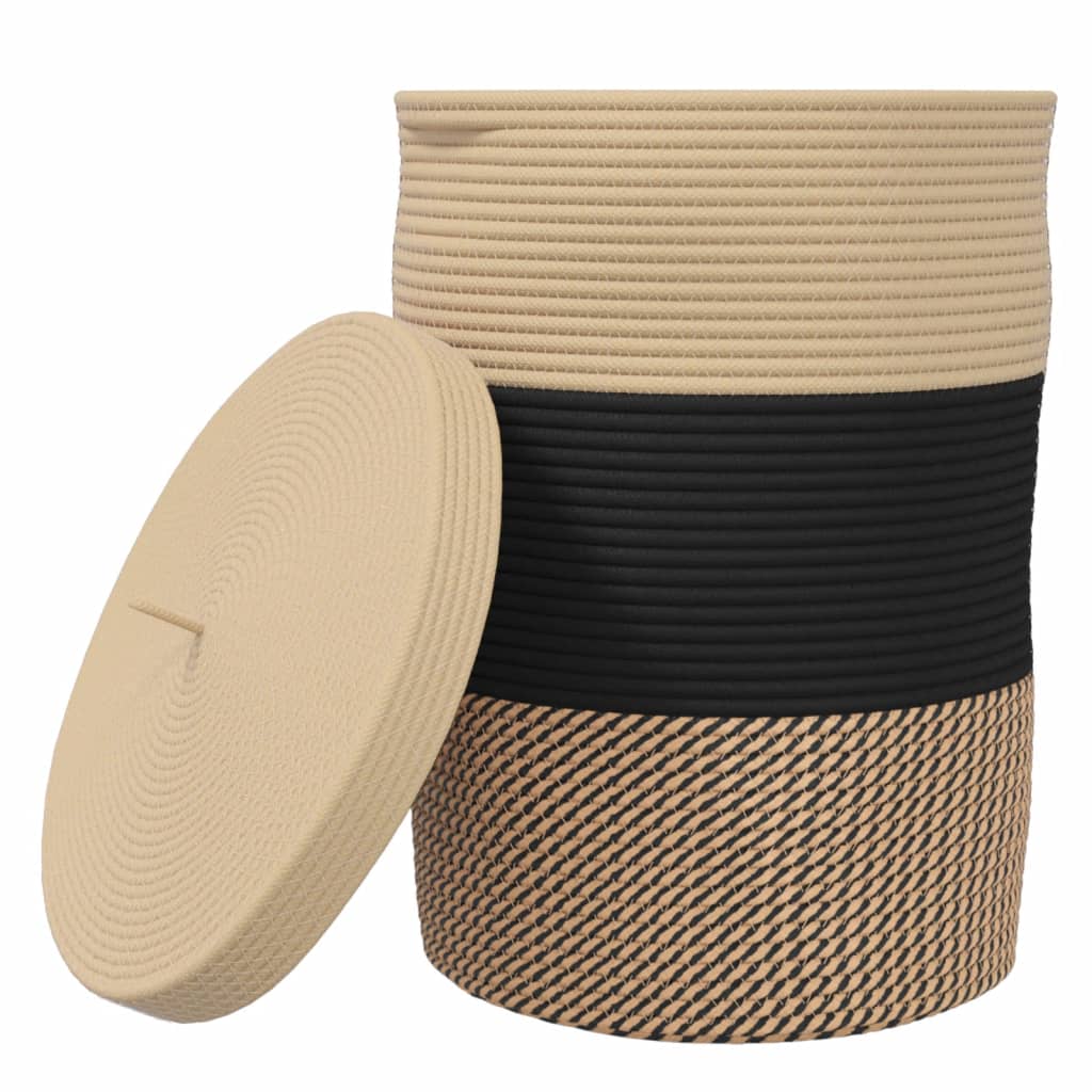 Cesta de almacenaje con tapa algodón negro y beige Ø37x50 cm
