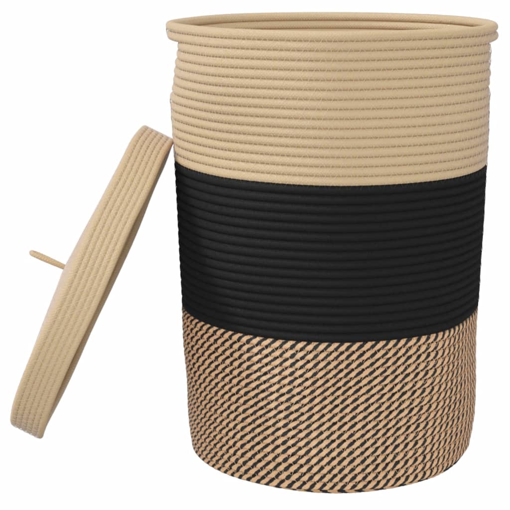 Cesta de almacenaje con tapa algodón negro y beige Ø37x50 cm