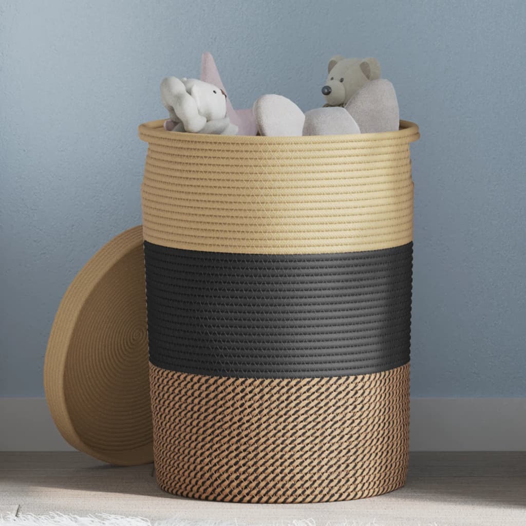 Cesta de almacenaje con tapa algodón negro y beige Ø37x50 cm